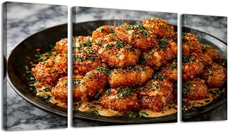 5 Piece Wall Art Prints Crispy Fried Chicken Wings Golden Sauce Fresh Herbs Dark Plate Large Canvas Framed Artwork Wall Paintings Pictures Posters Home Decor for Living Room Office Bedroom