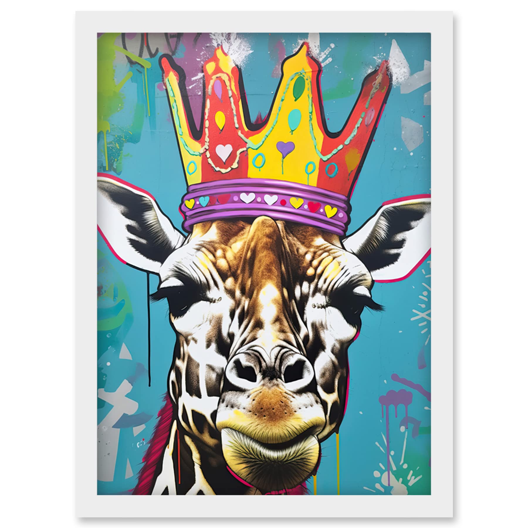 Artery8 Giraffe With Queen Birthday Crown Modern Pop Art Artwork Framed Wall Art Print A4