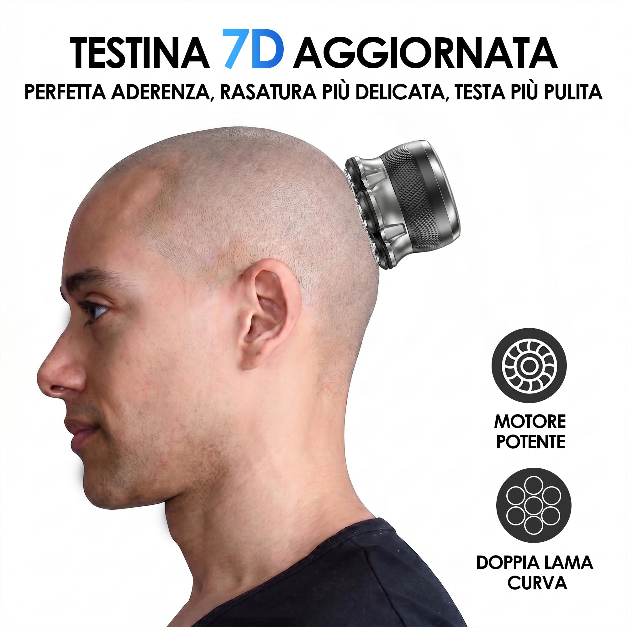 ICARE 7D Rasoio Testa Calva – 1200mAh Rasoio Elettrico Capelli con Shaver Capelli – Head Shaver Impermeabile IPX6 – 120 Minuti Doppia Velocità – Incl. 2 testine originali – Rasa Capelli Uomo a Zero