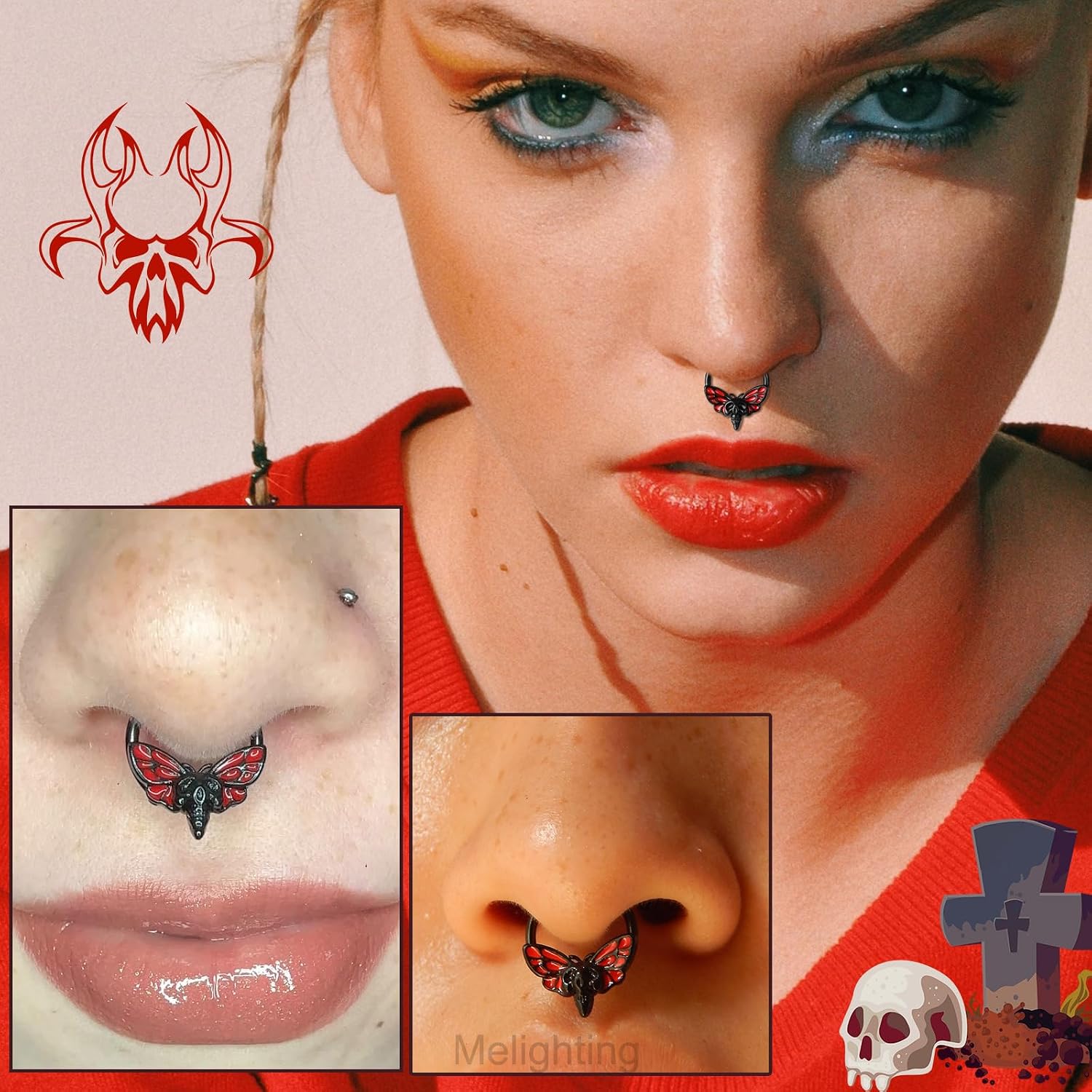 Melighting Black Septum Ring 16G Halloween Jewelry Surgical Steel 316L Skull Moth Daith Piercing Red Helix Earring Conch Tragus for Women