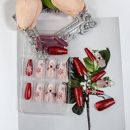 Miniatura 3 de Uñas postizas a presión de Navidad de longitud media, uñas postizas de ataúd, uñas acrílicas rojas y rosas con copos de nieve, diamantes de