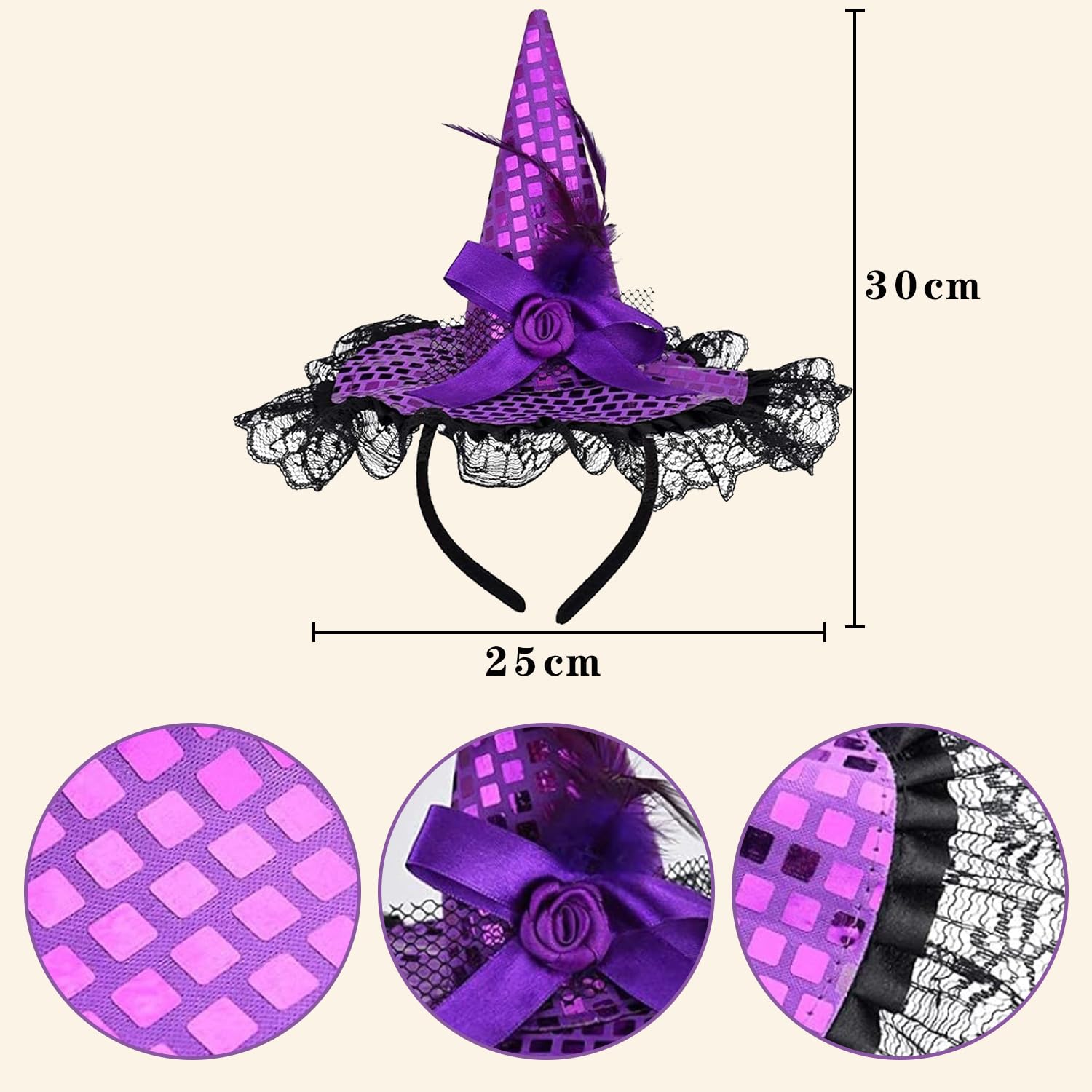 JNAWA Lace Sequin Witch Headband Fashion Halloween Headband Cosplay Supplies Props Wizard Wide Brim Pointed Cap for Girl Women Halloween Costume (Orange) - Image 2