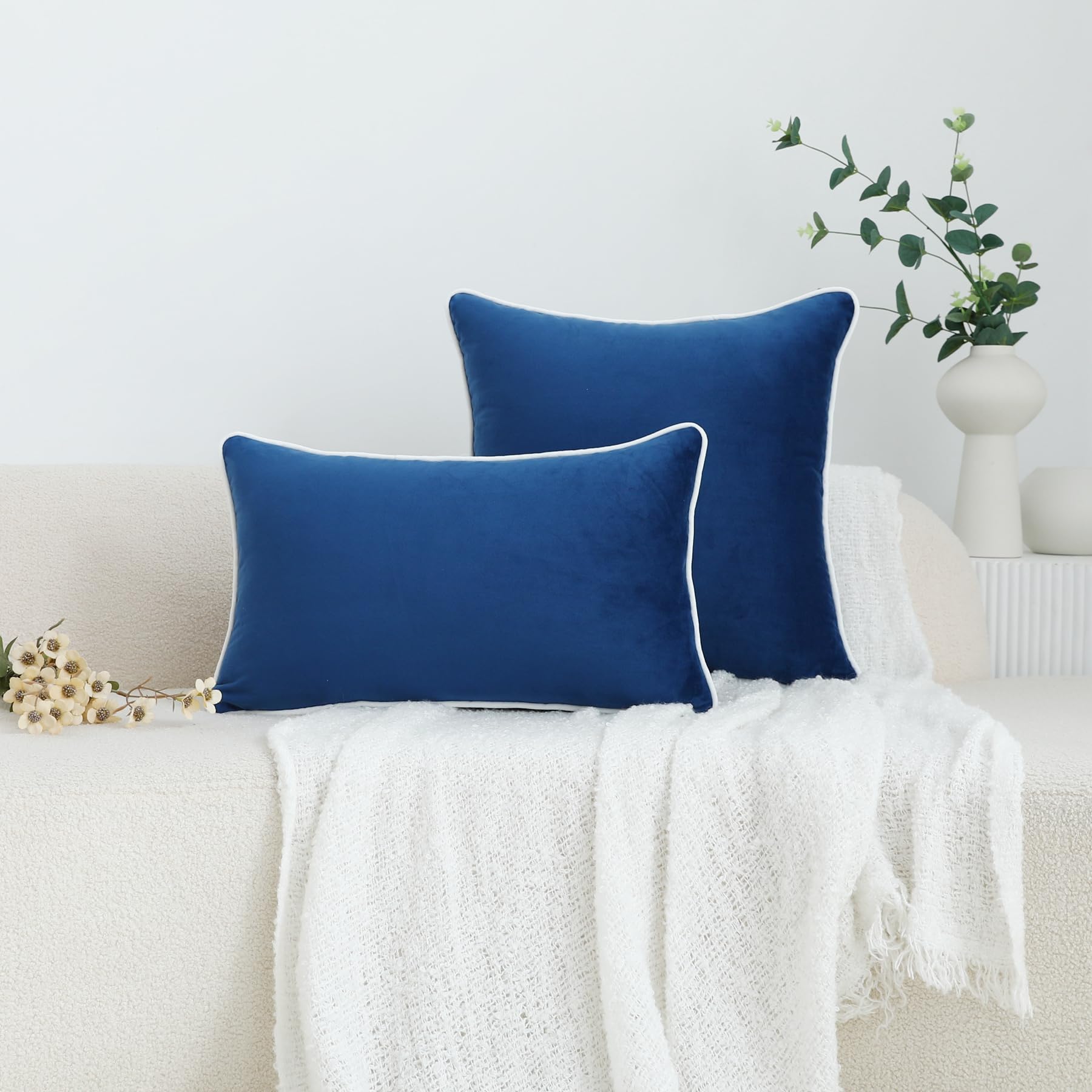 LIGICKY Set of 2 Nayy Blue Velvet Lumbar Pillow Covers Modern Minimalist Style Solid Decorative Black Rope Edging Soft Rectangle Cushion Cases for Sofa Bedroom Party Décor - Image 2