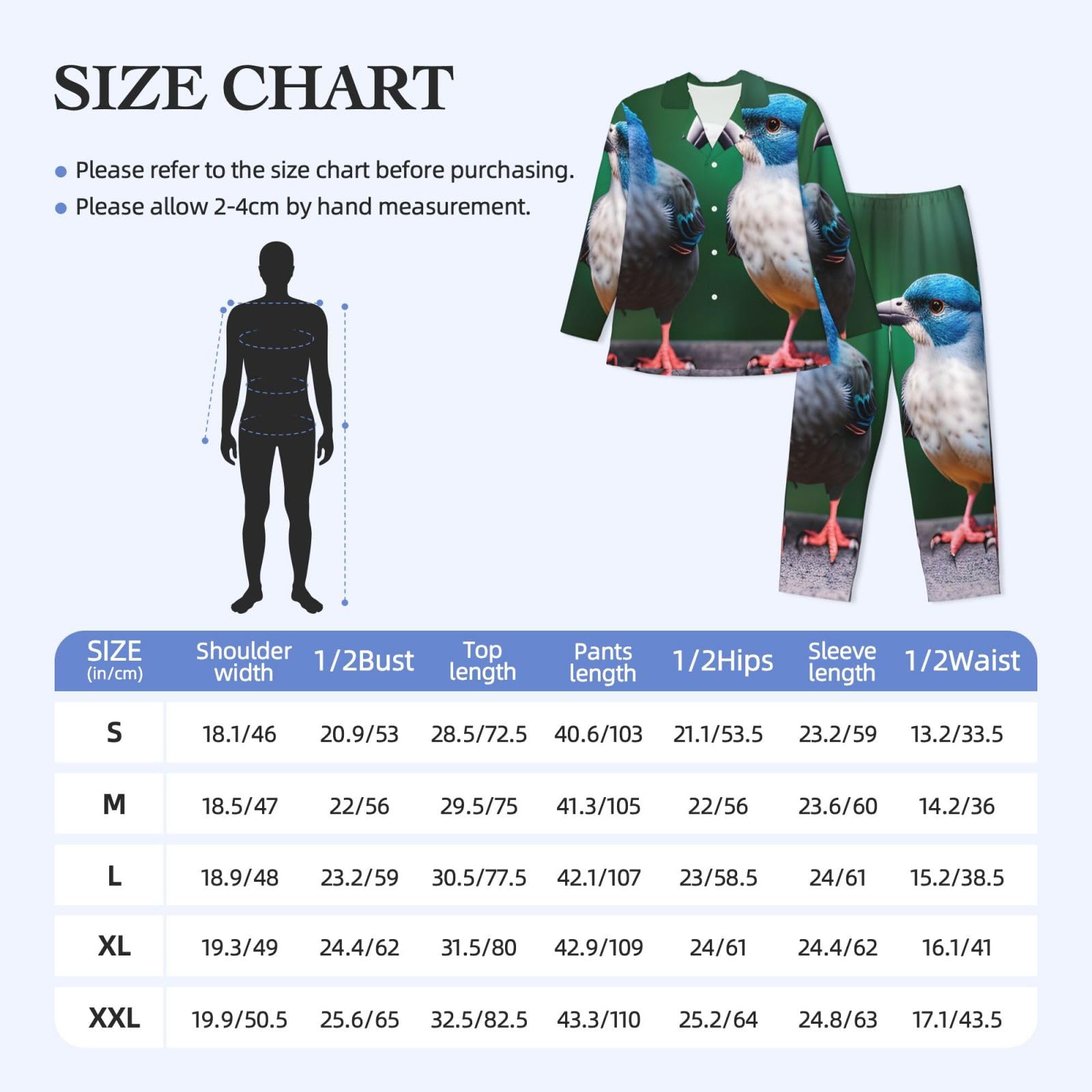 Zweiteiliges Pyjama-Set für Herren, langärmelig, mit zwei Vögeln, bequeme Nachtwäsche