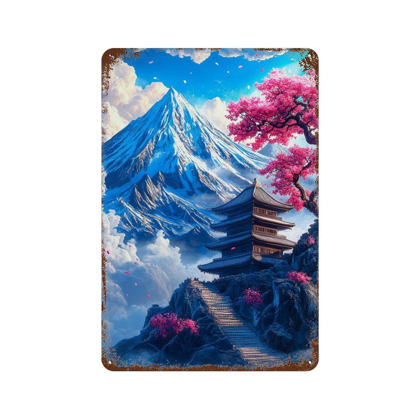 Cherry Blossom Mountain Pagoda Distressed Metal Wall Sign 11.8"x7.9", for Garage, Bar And Workshop Decor, Decorative Metal Wall Art