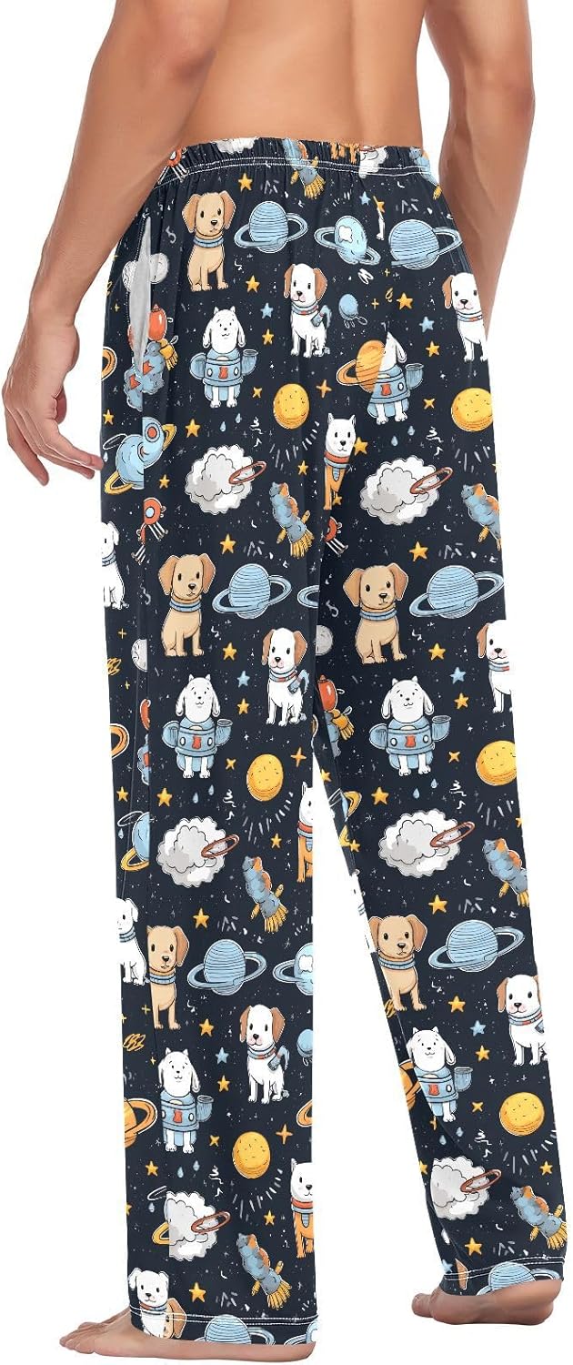 ALAZA Dog Puppy Astronaut Space Men's Pajama Pants Men Cotton Pajama Bottoms with Pockets, S