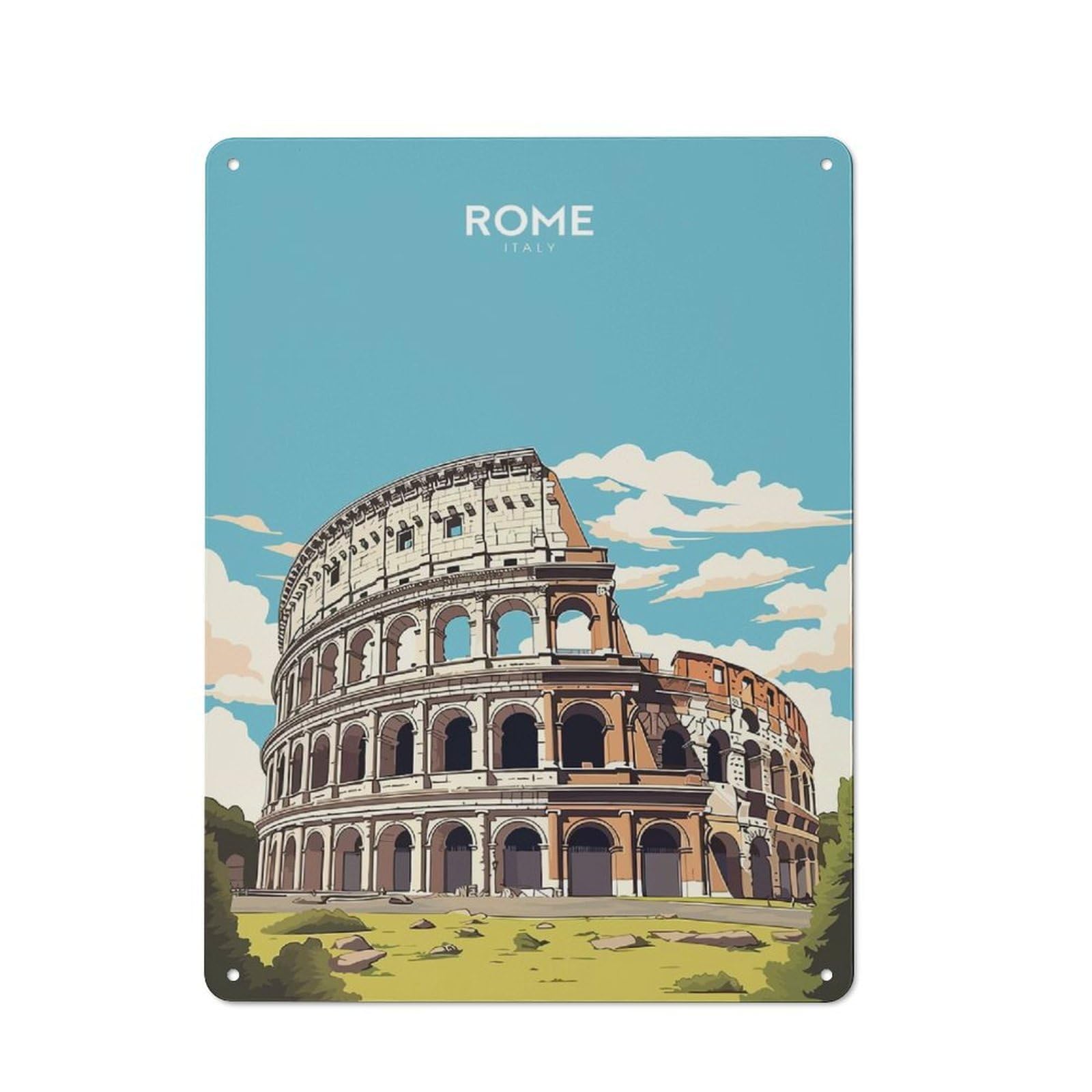 Junmoney Style-2 Colosseum Rome Illustration Printed Metal Sign 40X30cm For Pub Or Café, For Everyday Room Decor With A Retro Look