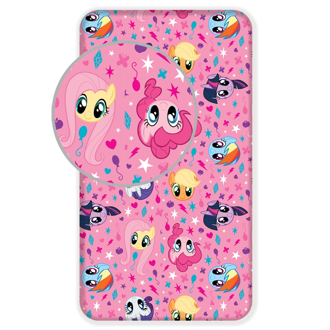 My Little Pony Fitted Sheet Pink with Fluttershy Rainbow Dash Applejack Rarity 90 x 200 + 25 cm 100% Cotton