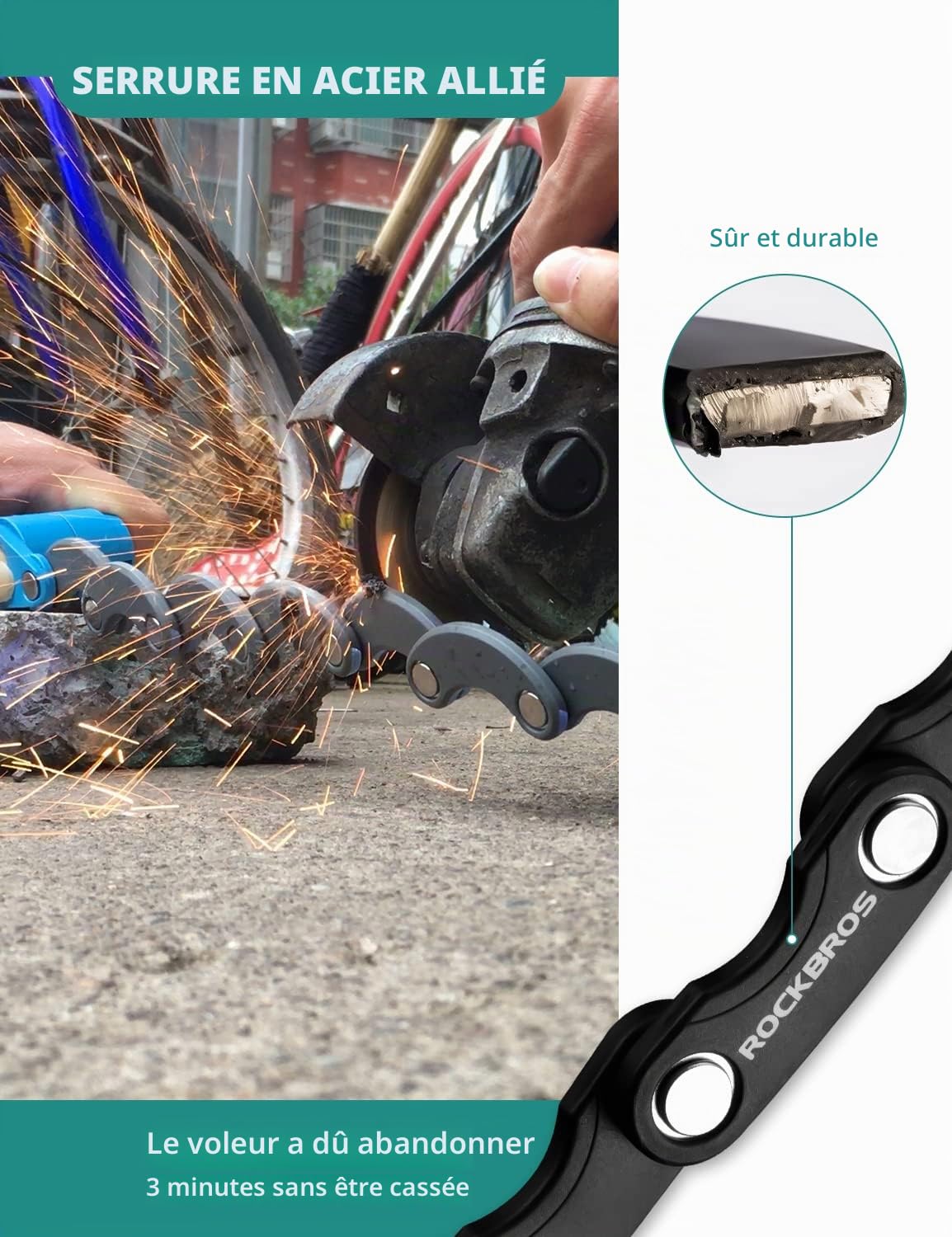 ROCKBROS Antivol Vélo Pliable en Acier Alliage de Zinc Cadenas Sécurité Portable avec Clés et Support de Verrouillage avec 2 Clés (Carré)