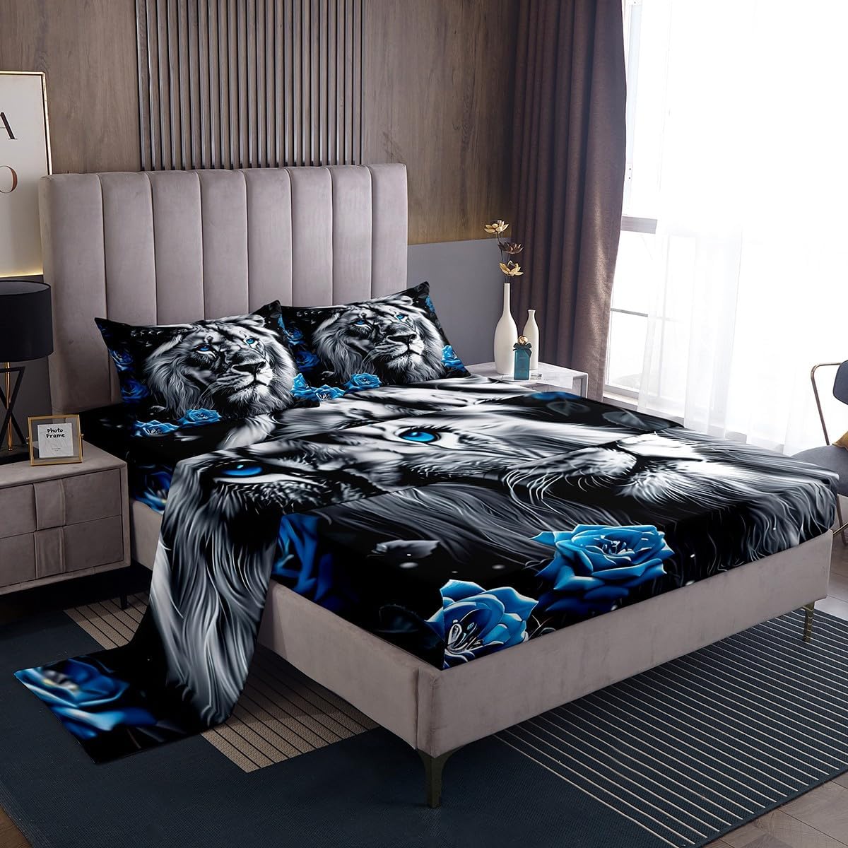 Lion Pattern Bed Sheet Queen Size Blue Rose Sheets Sets Adults Bedroom Decor Wild Animals Microfiber Bedding Set with Flat,Fitted Sheet,2 Pillow Cases