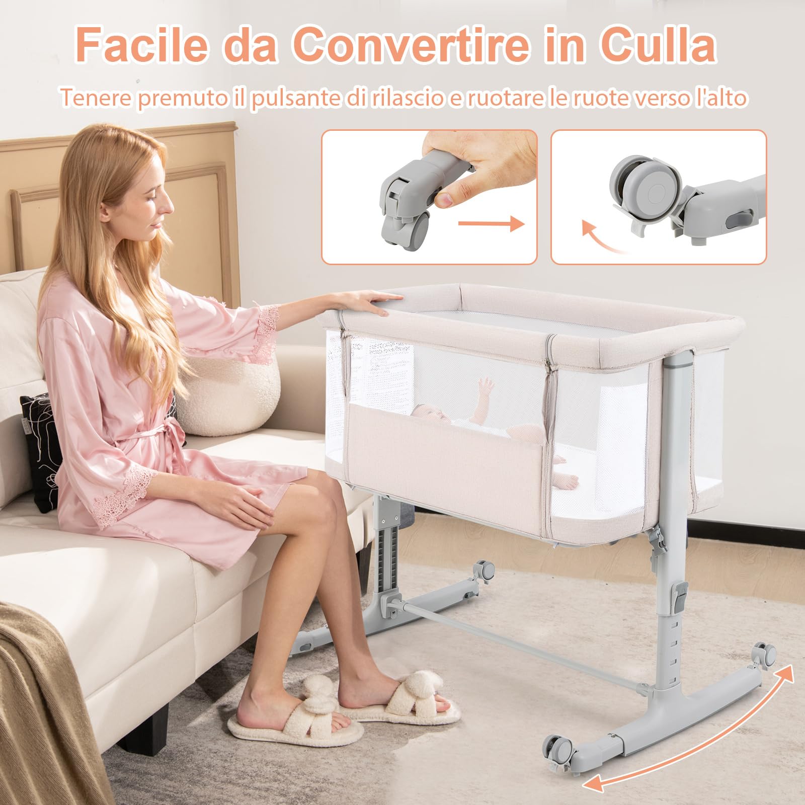 RELAX4LIFE 3 en 1 Cuna Colecho con Altura Ajustable en 5 Posiciones, 4 Ruedas Bloqueable y Ajustable, Cuna Bebe con Colchón Acolchado y Correa de Sujeción para Niños 0-6 Meses, Carga 9kg (Beige)