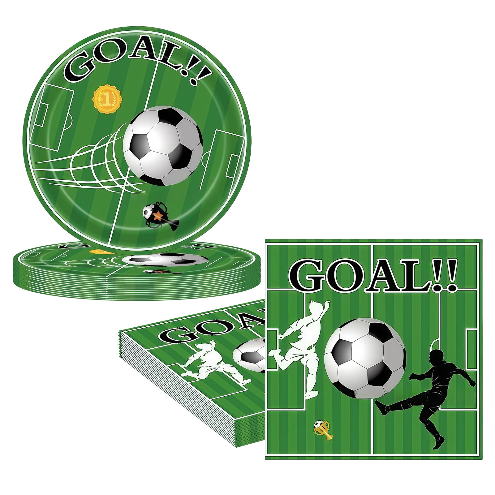 36cs Football Soccer Paper Plates and Napkins Party Tableware Set,Green Soccer Birthday Paper Dessert Cake Plates Serviettes Disposable Tableware Set for Boys Girls Kids Birthday Table Decor
