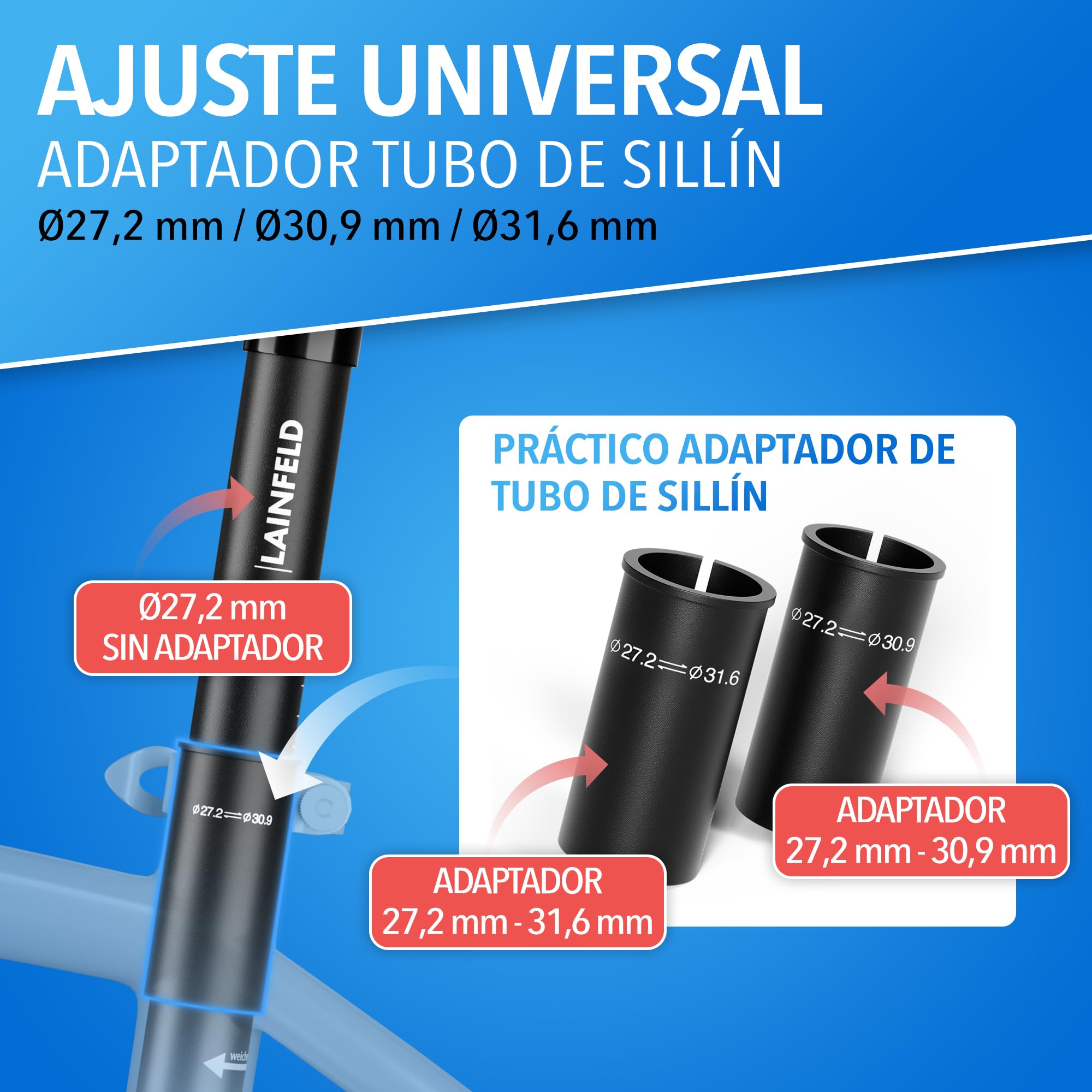 Tija de sillín con suspensión LAINFELD | Ajustable para MTB y E-Bike | Compatible con 27,2 mm, 30,9 mm y 31,6 mm | Incluye Herramientas | Ideal para Hombre y Mujer Ciclistas.