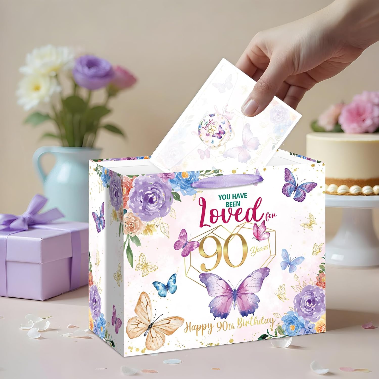 90th Birthday Gifts for Women Floral Butterfly 90th Birthday Gift Bag with Purple Wrapping Paper Card Sticker Envelope for Mom Grandma Cheers to 90 Years Old 1936 Party Presents Decorations Supplies - Image 2