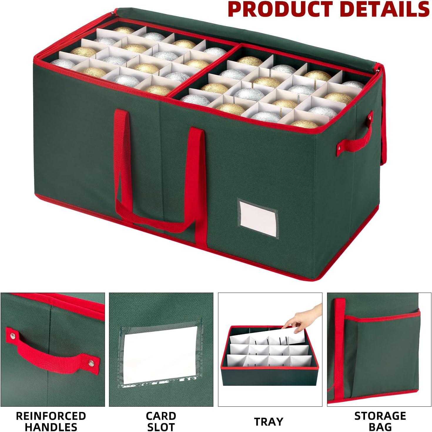 ININ Christmas Ornament Storage Box with Adjustable Dividers,Christmas Ornaments Organizer with Zippered Top,Storage Container Bin with Side Pockets for Holiday Decorations(128 Ball, Green, with Tray)