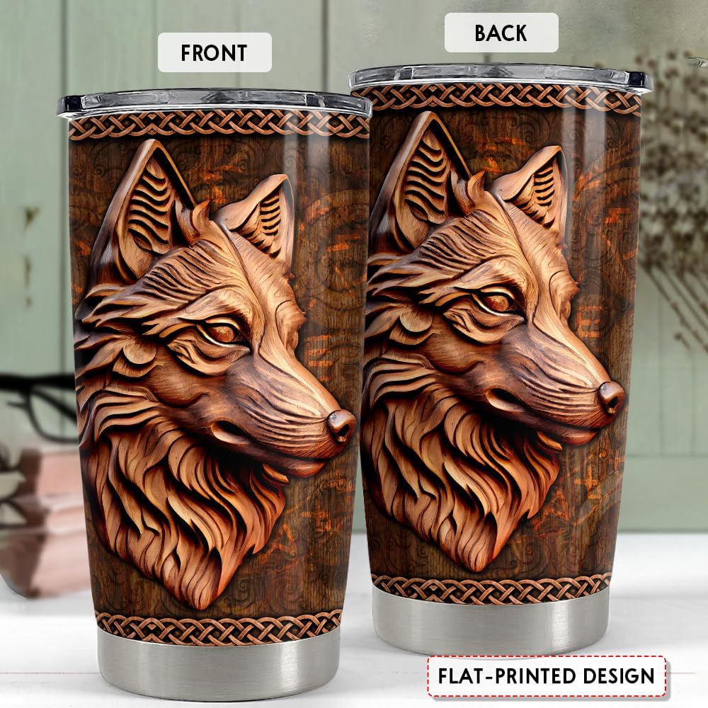 SANDJEST Wolf Tumbler 20oz Wolf Wood Drawing Stainless Steel Insulated Tumblers Coffee Travel Mug Cup Wolf Gift for Men Boys Gifts for Birthday Christmas - Image 2
