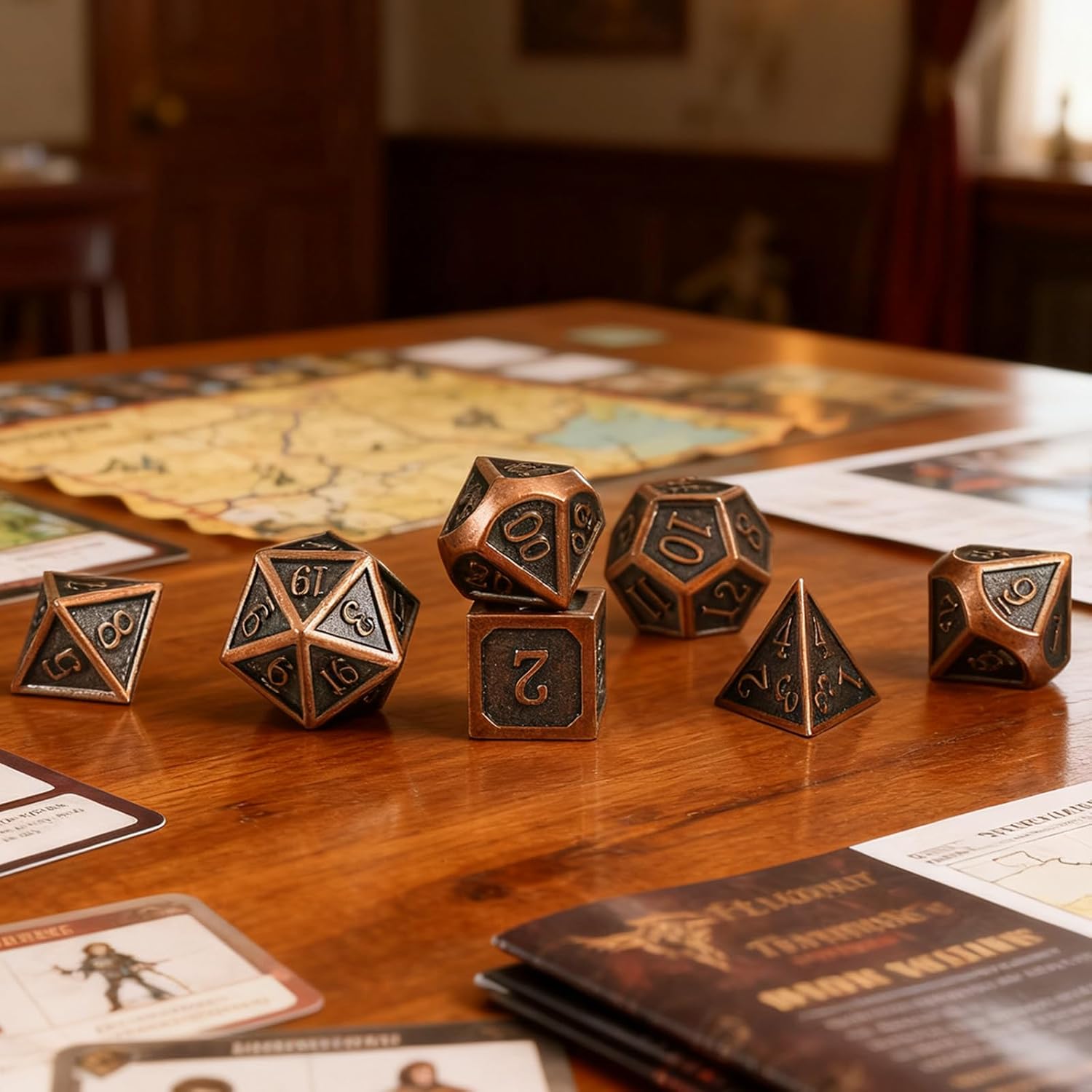 GWHOLE 7 Piece Polyhedral Dice Metal DND Dice Set Game Dice D&D Dice Accessories Dungeons and Dragons Dice for RPG MTG Role Playing Table Games, Antique Copper