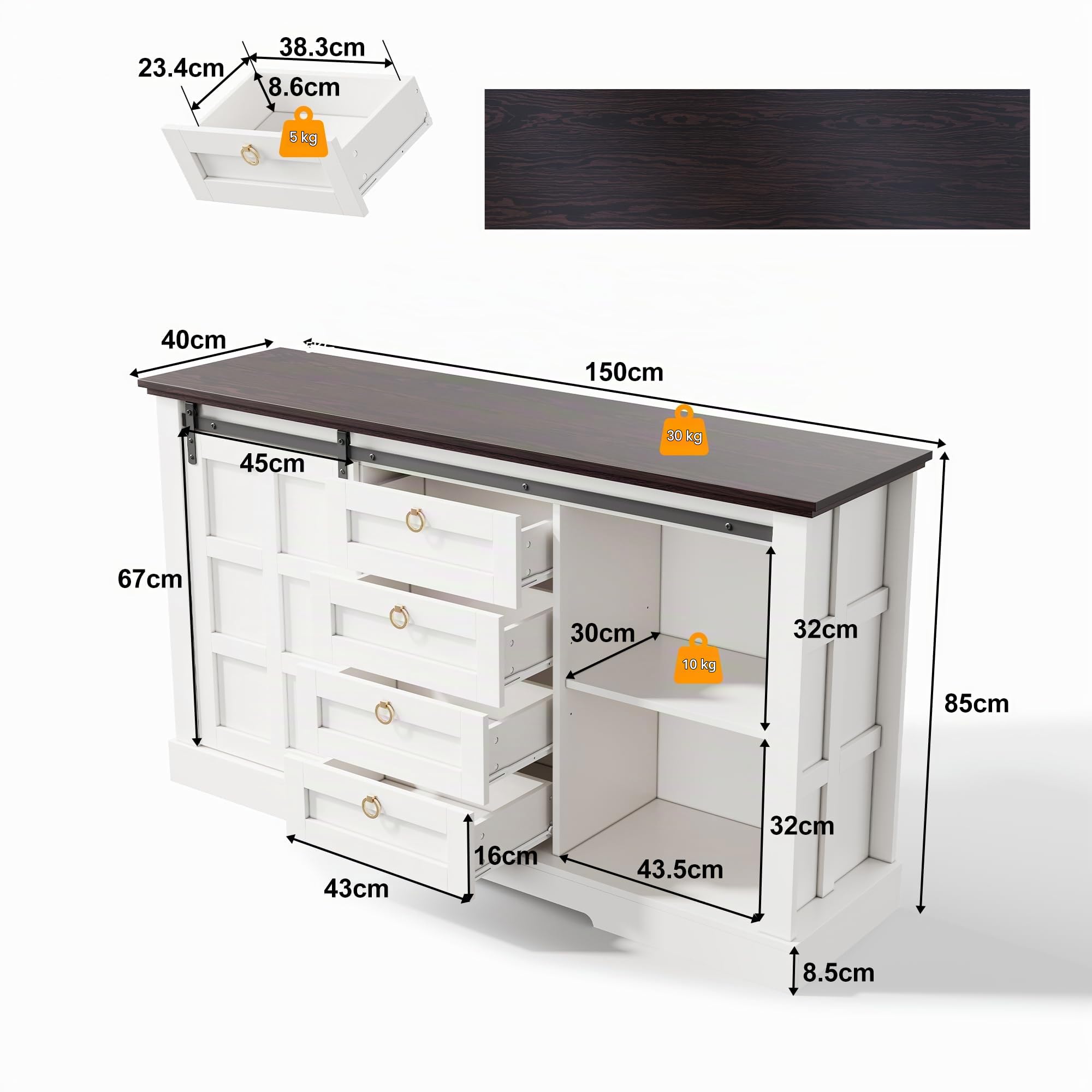 BTM Sideboard mit Stauraum und Schiebetüren Küchenschrank Kommode Landhausstil Sideboard Wohnzimmer Buffetschrank Weiß