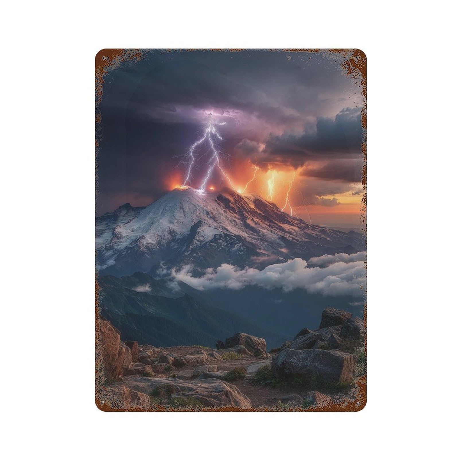 Rusty Metal Tin Sign Volcano Eruption Lightning Storm 15.7"x11.8", Rustic Home Decor for Shed, Workshop And Garage Wall Decor