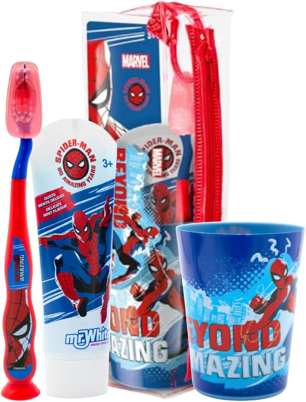 Mr.White Spider-Man Pouch Set for Kids – Travel-Friendly Including Manual Toothbrush with Suction Cup, Travel Cap, Kids Mild Mint Flavour Toothpaste 75ml, and 1 Beaker - Perfect for Birthday Gifts