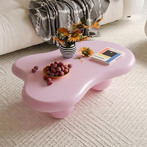 40" Cloud Coffee Table for Living Room Irregular Coffee Table Modern Low Coffee Tables Cute Center Table with 3 Ball Legs for Small Space Apartment Cream Pink