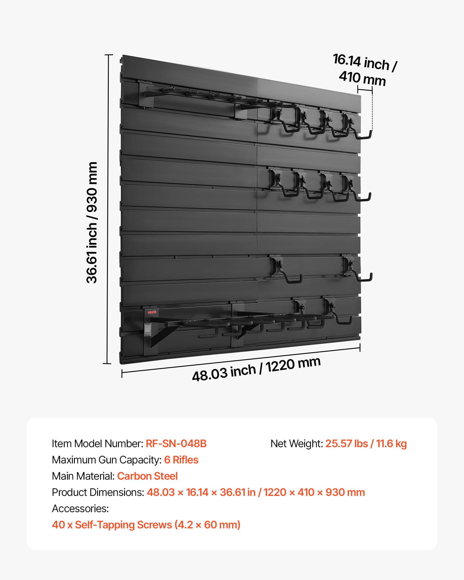 VEVOR Estante de Pared para Armas de Fuego, Capacidad de 6 Escopetas y 6 Pistolas, Soporte de Montaje en Pared, con Ganchos Adicionales, Acero al Carbono, Organizador de Accesorios para Taller Garaja