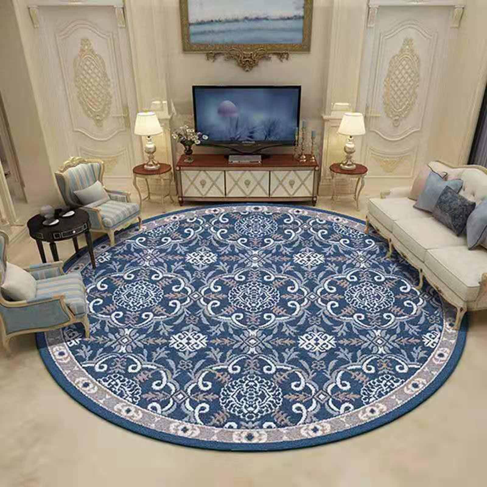 Tapis de passage cercle bleu et gris classique en 80cm pour l'entrée et le salon