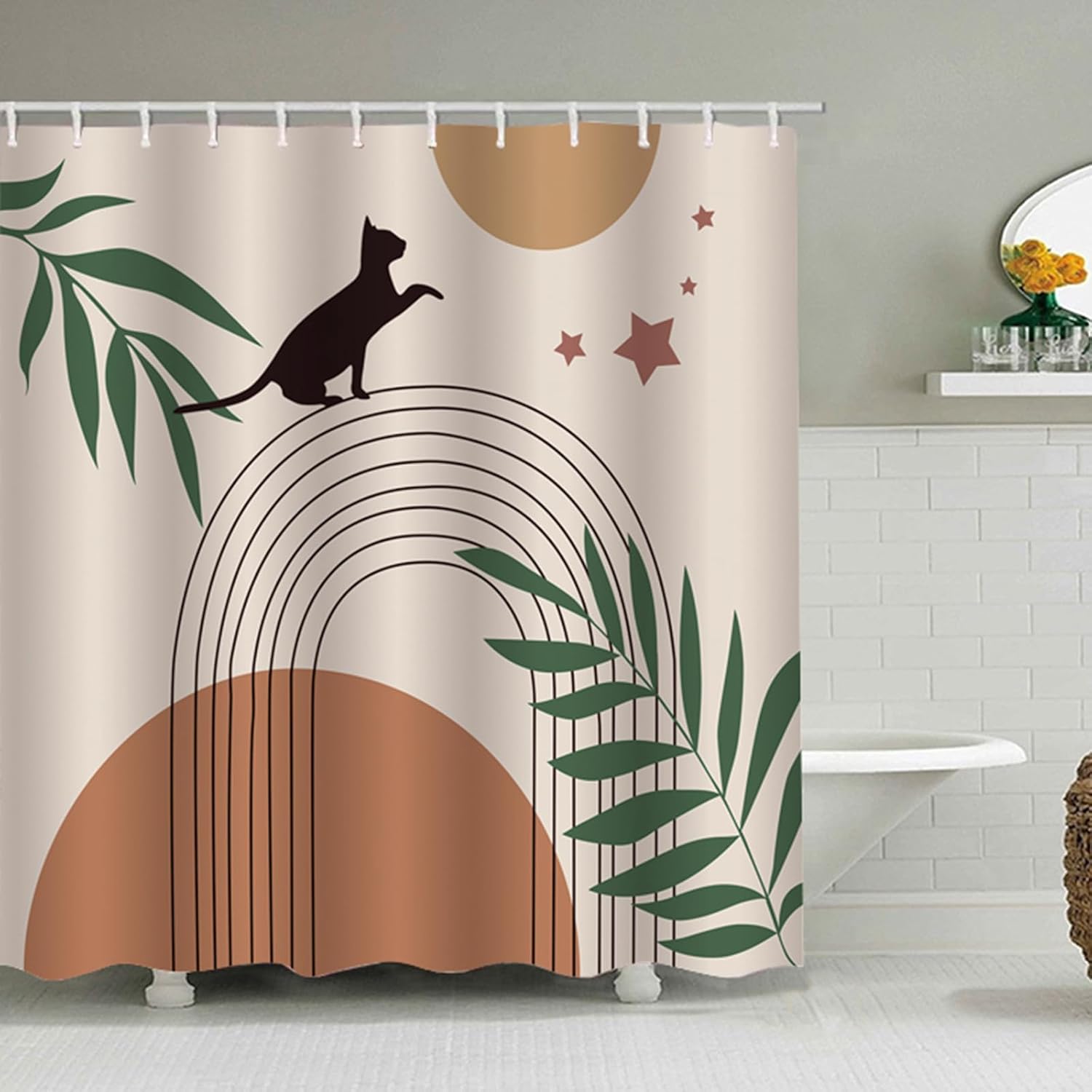 Boho Black Cat Shower Curtain, Mid Century Abstract Brown Arch Sun Modern Minimalist Aesthetic Bathroom Curtains Waterproof Fabric Bath Curtain 72x72 Inch with 12 Plastic Hooks