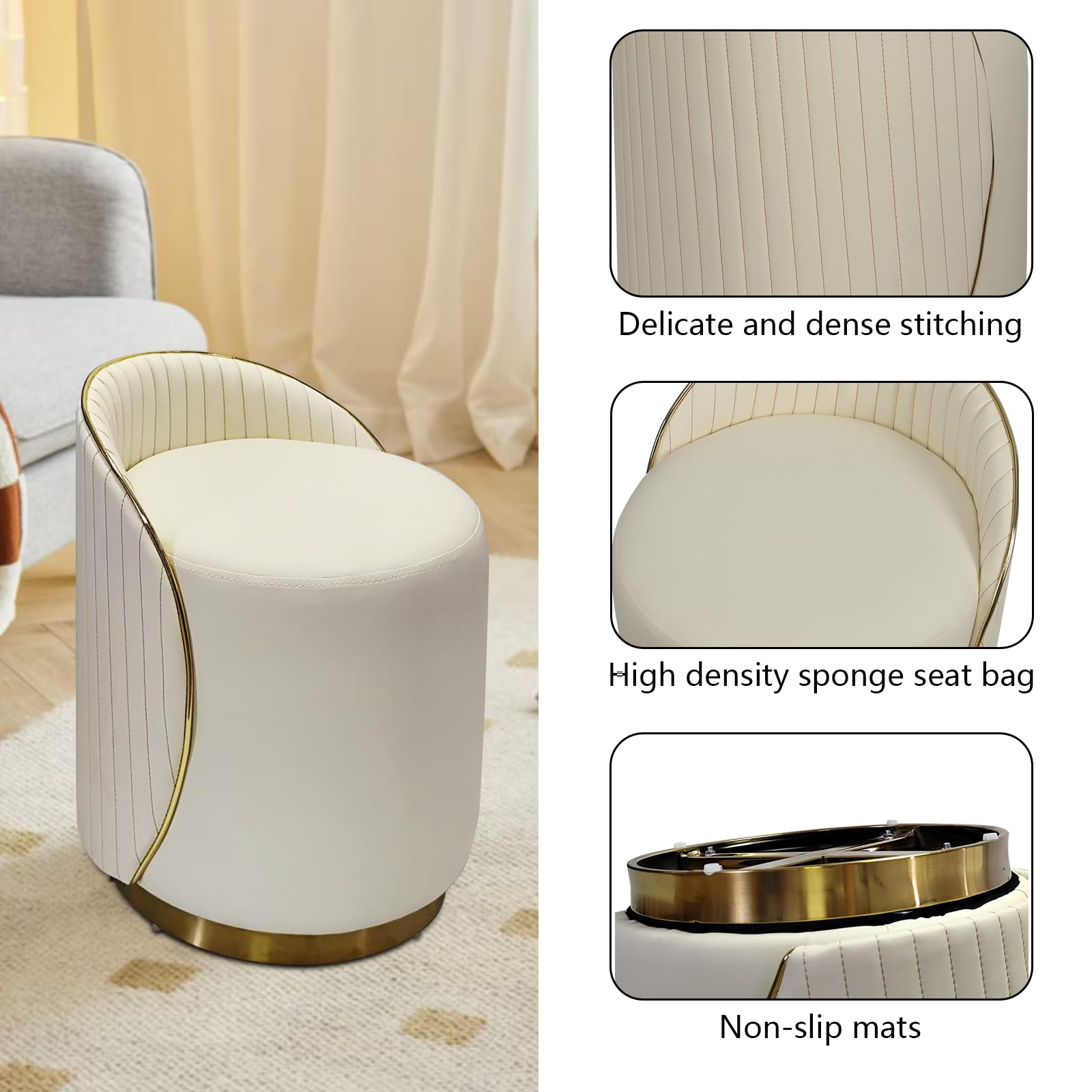 Hocker mit Lehne, Schminkstuhl 360° Drehbar, Sofa Hocker, schreibtischhocker, Make Up Stuhl, Schreibtischhocker und Büro fusshocker Ideal als Kosmetik Stuhl (Cremefarben)