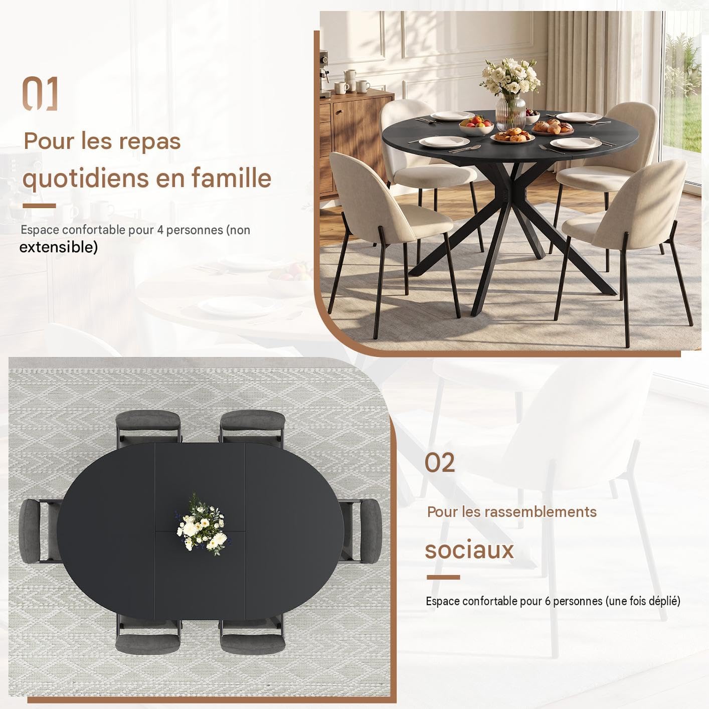 APICIZON Table Ronde Extensible, Table a Manger Ronde pour 4 à 6 Personnes