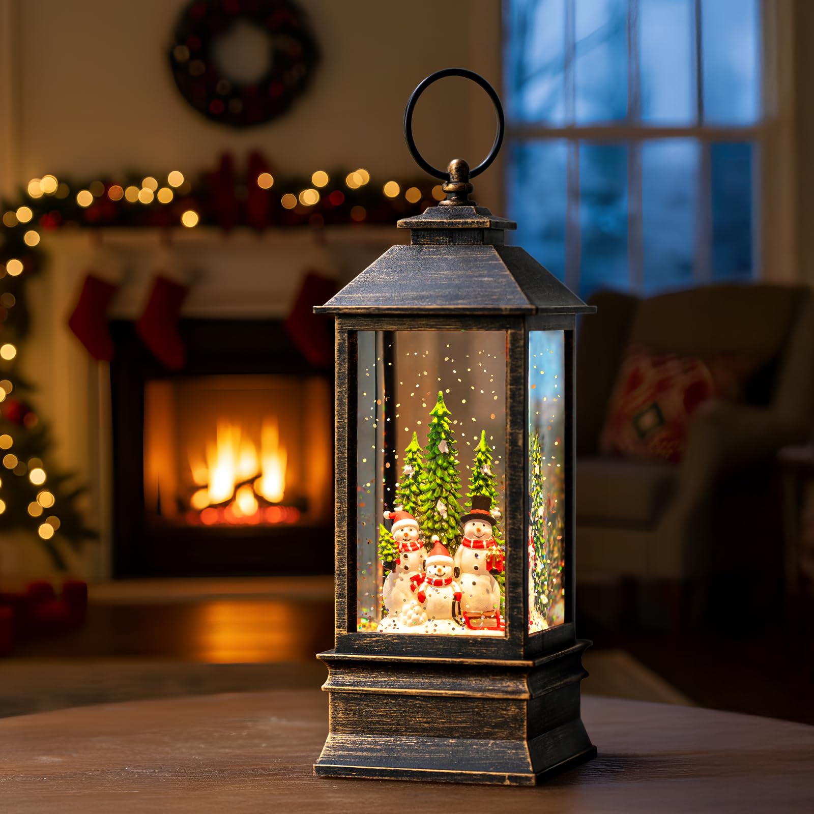 Linterna musical de globo de nieve de 10 pulgadas iluminada con muñeco de nieve familiar, linterna de agua con remolinos brillantes para decoración del hogar y regalo, funciona con pilas o alimentado
