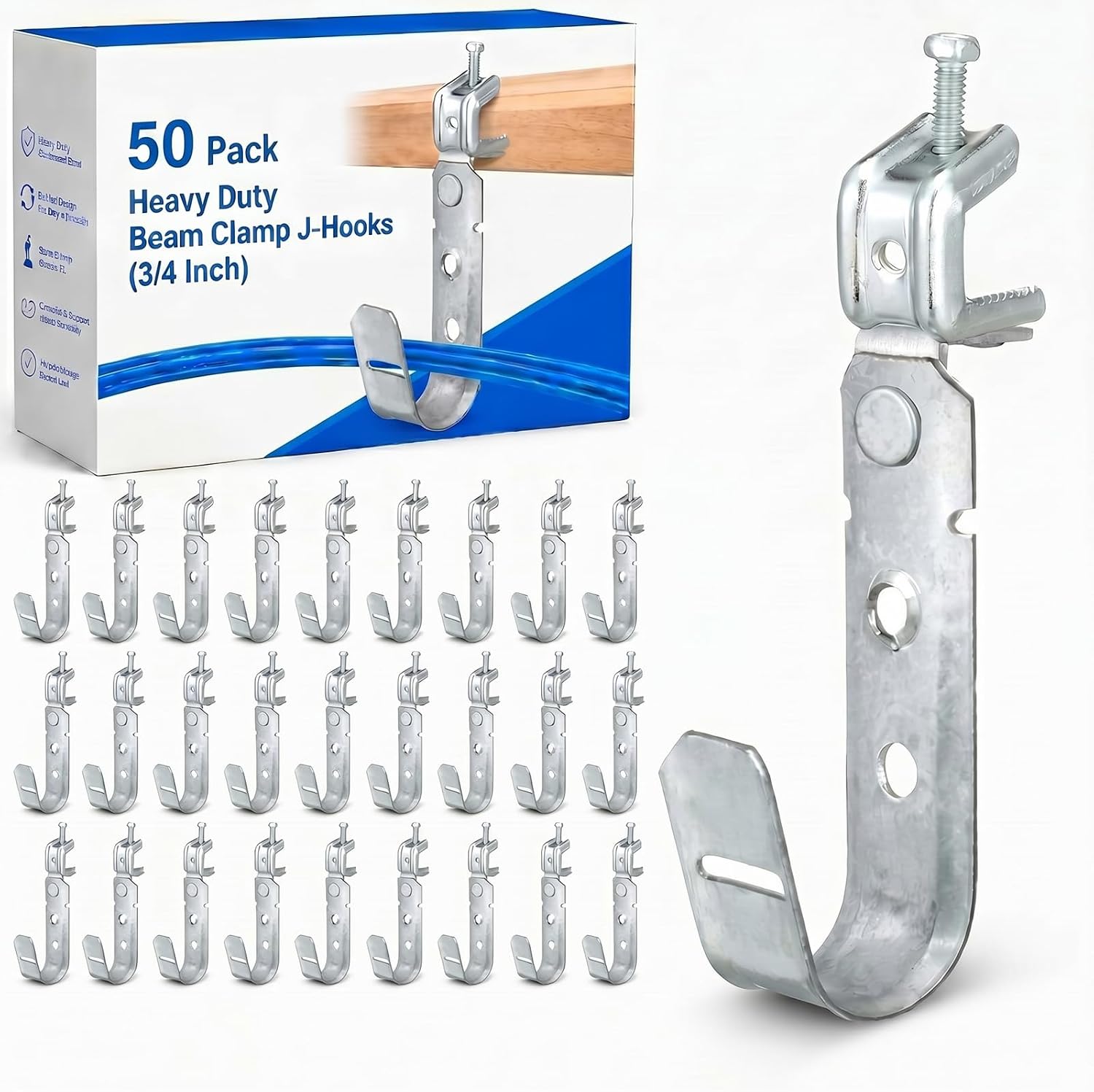 Tandefio 50 Pack Cable Support J Hook with Beam Clamp, 2 Inch