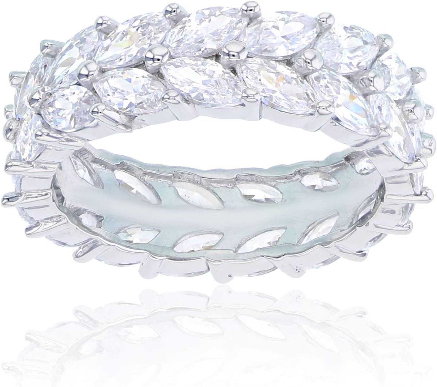 Sterling Silver Cubic Zirconia 2 Row Marquise Cut Eternity Band Ring