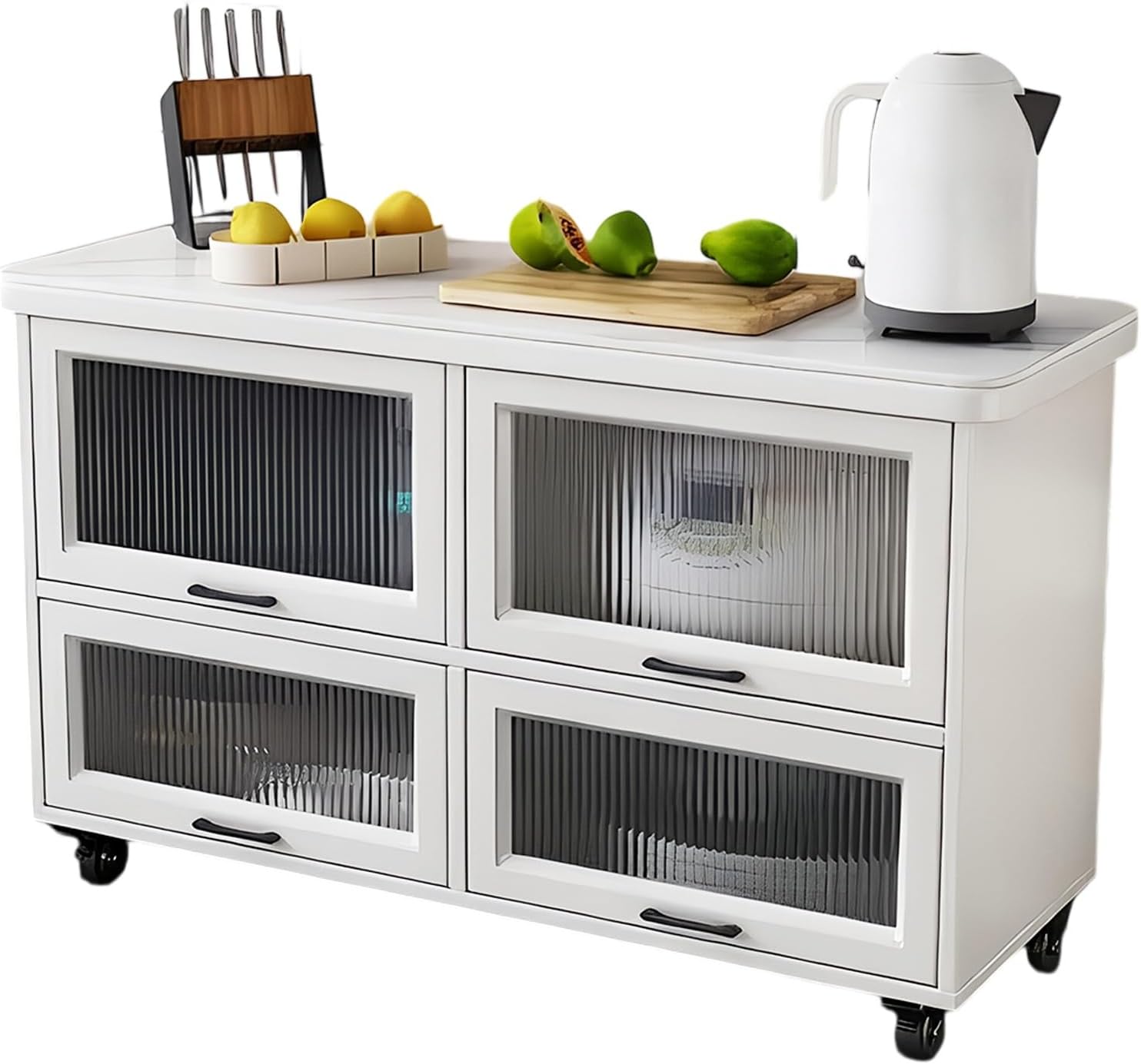 Storage Trolley Kitchen Island with Glass Doors Rolling Storage Cabinets Worktop and Wheels Shelving Organizer(Large)