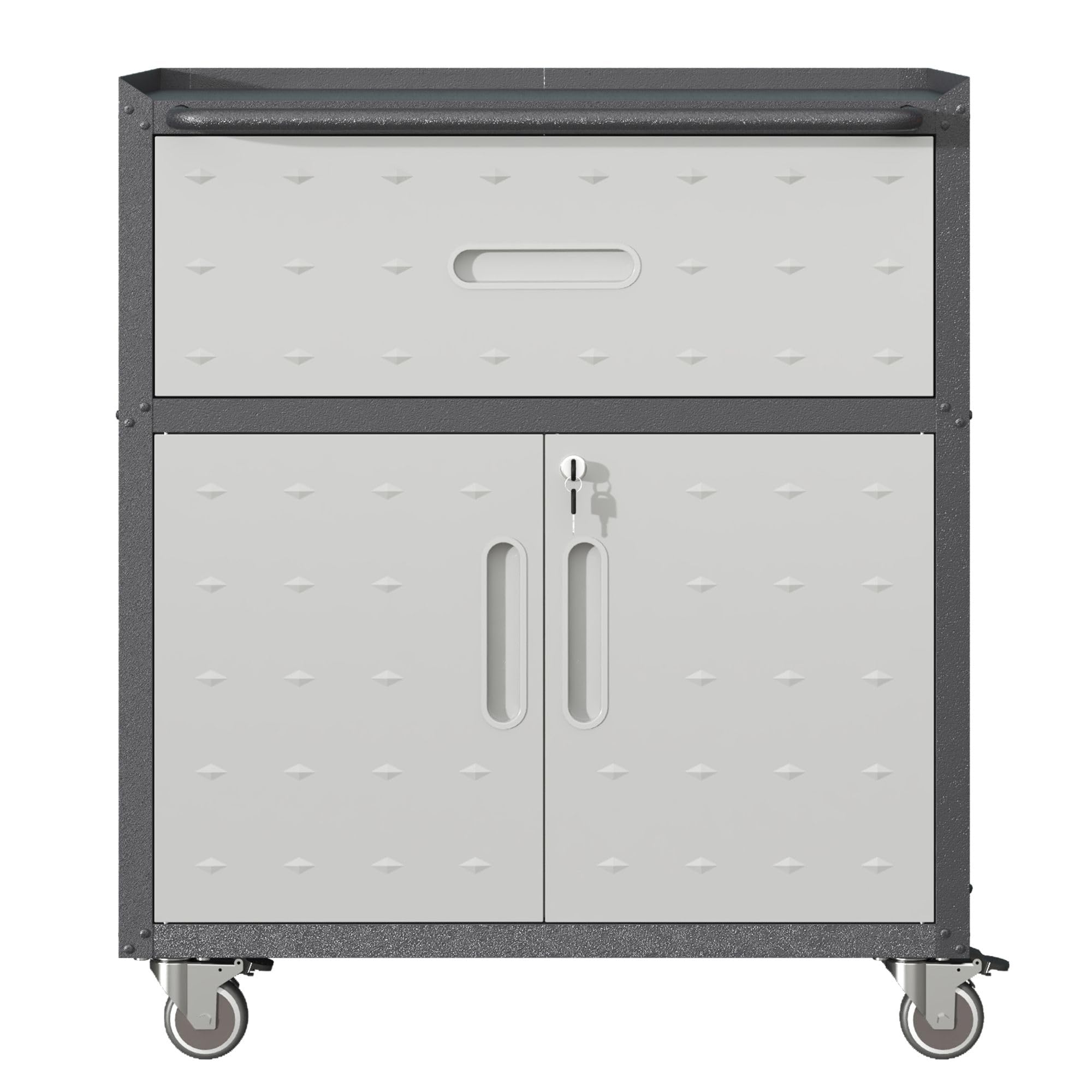 Armario de herramientas de metal resistente con ruedas con 2 puertas de bloqueo y estantes ajustables para garaje, taller, almacén, color negro y gris