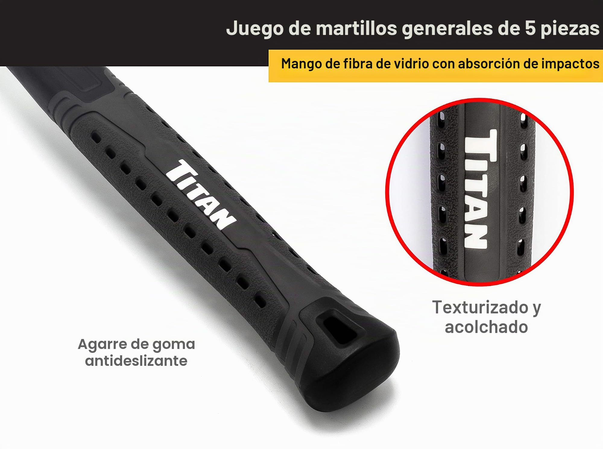 Titan 63125 - Juego de 5 martillos, martillo de bola de 453,59 g y 0,91 kg onzas, mazo de goma de 32 0,91 kg, Mazo de 1,36 kg y martillo de cabeza plana cruzada de 1,36 kg