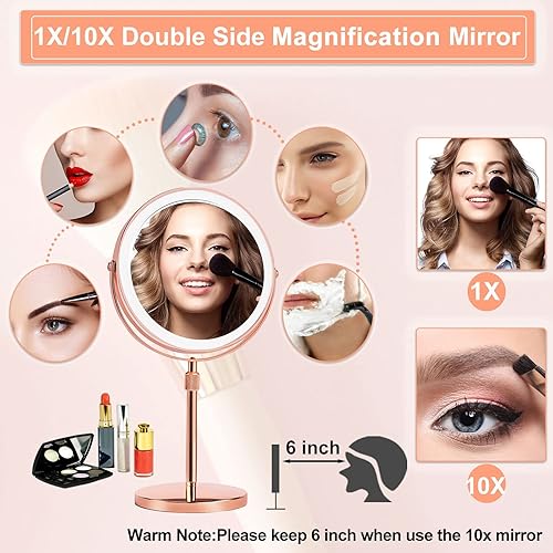 Miniatura 4 de AIKELIN Espejo de maquillaje con aumento iluminado con luces, altura ajustable, espejo de tocador aumentado recargable 1x10X con 3 luces de color,
