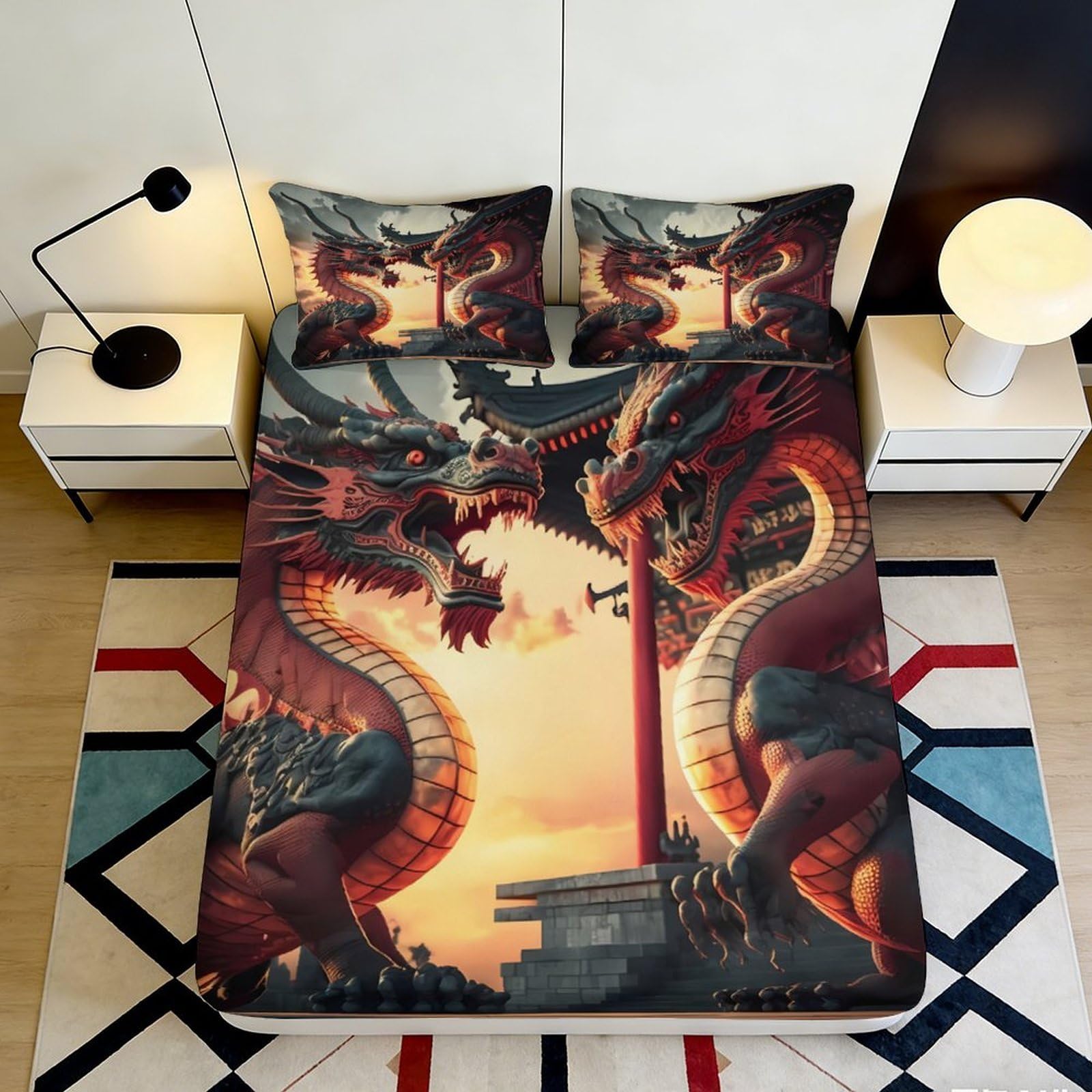 3D Printed Red Dragon Fitted Sheet Microfiber Soft Breathable Oriental Temple Bed Cover for Bedroom Decor Dorm 90x200x25cm