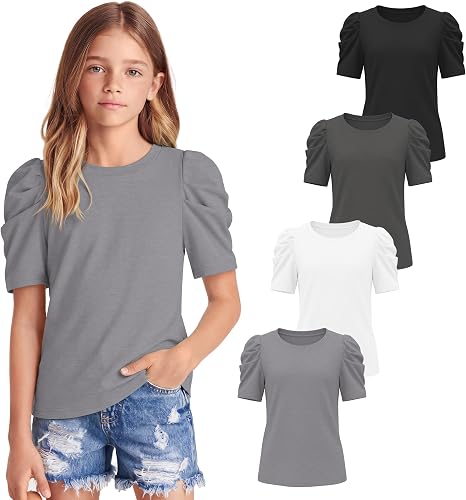 YooAurvox 4 Pack Girls Puff Short Sleeve Shirts, 4-Color, 11-12 Years