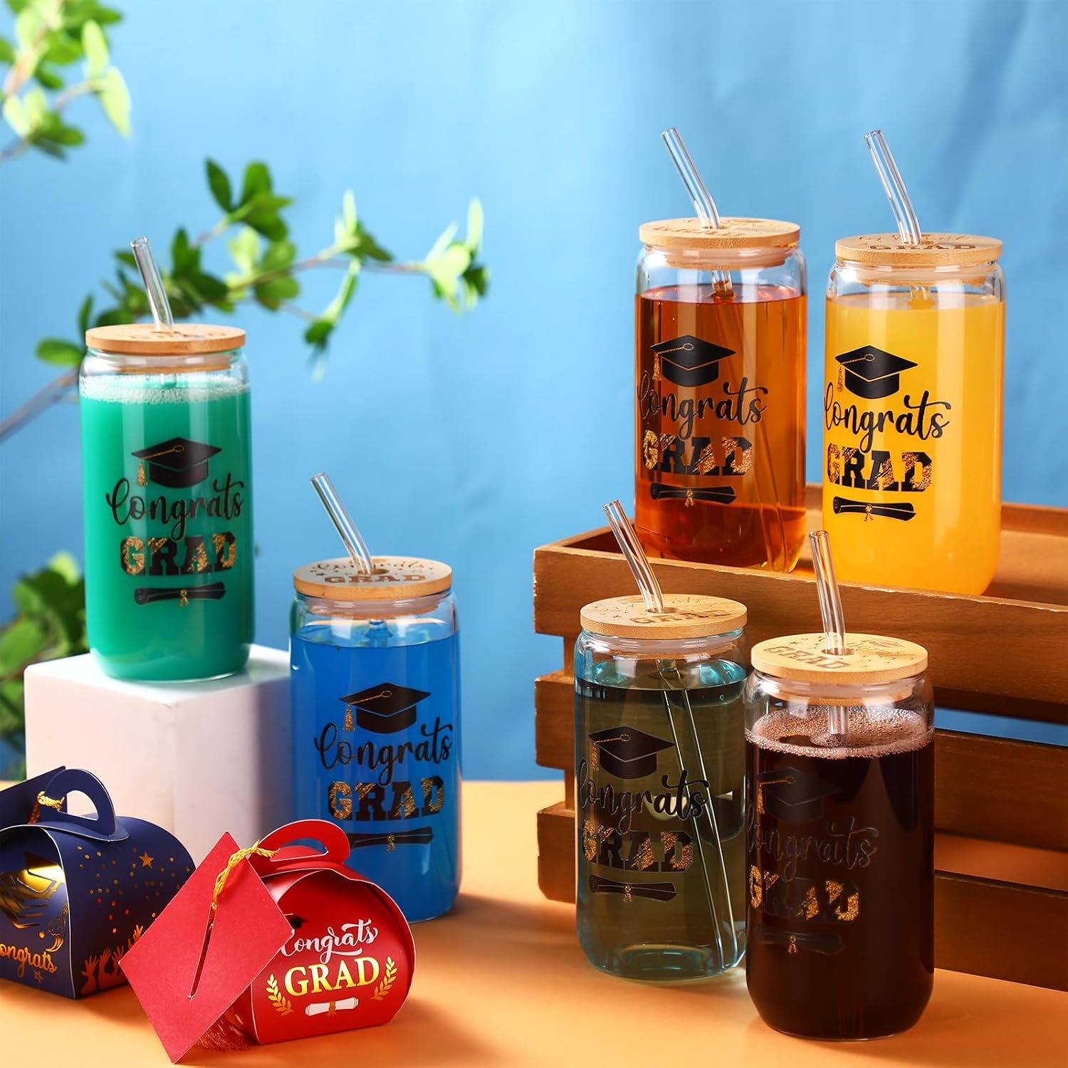 Tioncy 8 Pcs Graduation Gifts Class of 2026 Glass Drinking Cups with Lids and Straw for Her Him Congrats Grad Can Shaped Coffee Cups, 16 oz College Masters Degree Graduation Gifts(Black)