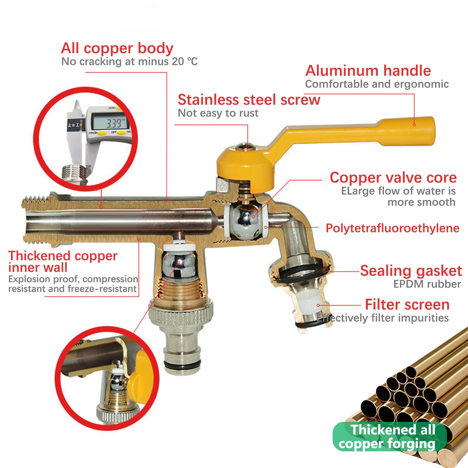 Robinet Exterieur Jardin à Double Sortie, Répartiteur de Tuyau en Laiton Inoxydable 2 Voies avec Entrée 1/2 et 2 Sorties 3/4 Pouces, Kit de Robinet Extérieur pour Jardin, Maison, Industrie