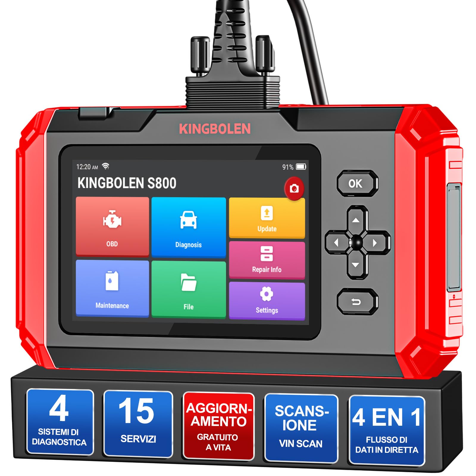 KINGBOLEN Diagnostica Auto Italiano,S800 OBDII Diagnosi Automatica 4 Sistema di diagnosi (ABS + SRS + ECM + TCM) e 15 Servizio di Manutenzione (Olio+Dpf Iniettore Codifica+BMS) Aggiornamento WiFi