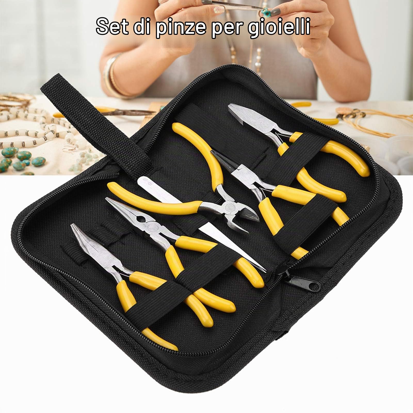 Set di Pinze per Gioielli - Kit di Strumenti Professionali da 5 Pezzi, Set di Perline Tonde con Naso Piegato, Kit Fai-da-Te per la Fabbricazione