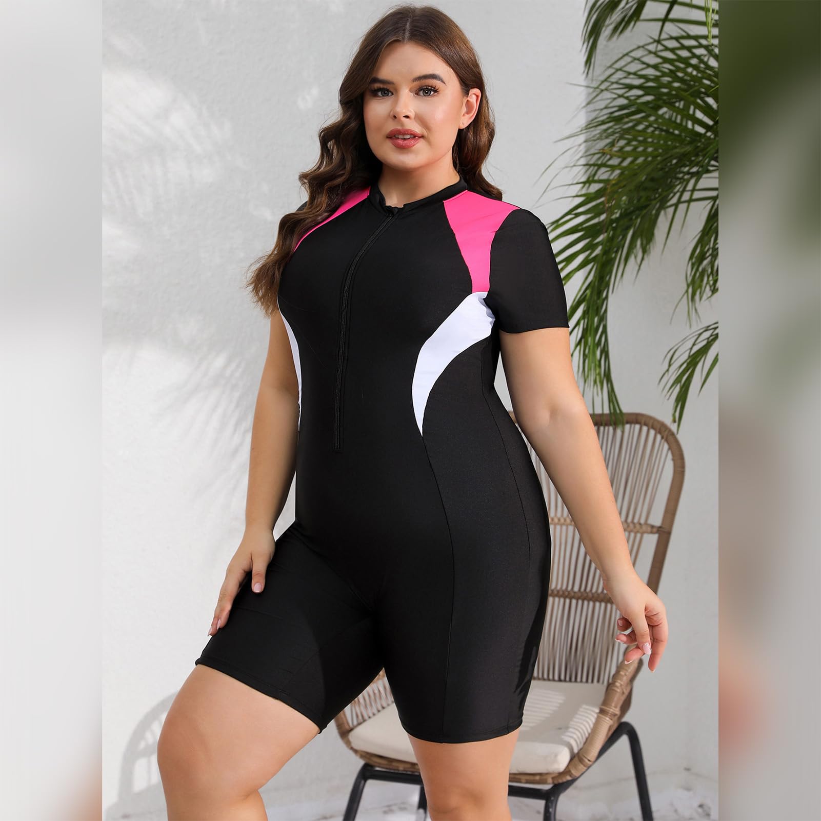 Traje de baño de talla grande para mujer, traje de baño de manga larga con cremallera, protector de erupción de alta elasticidad, traje de baño de una pieza, traje de baño modesto con