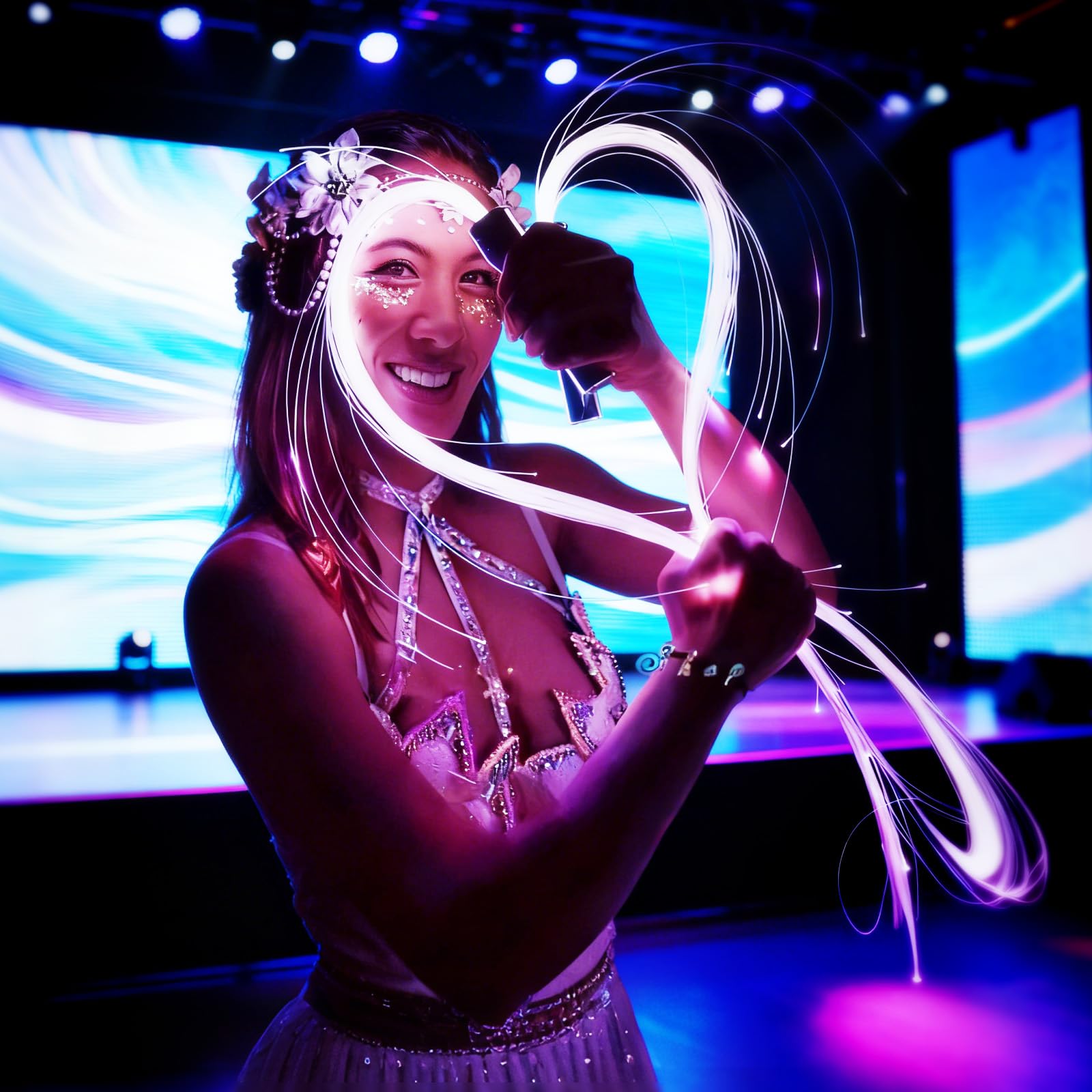 BigKing LED Light Whip Fouet à LED en fibre optique 7 couleurs 4 modes d'éclairage pivotant 360° pour fête festival musique danse