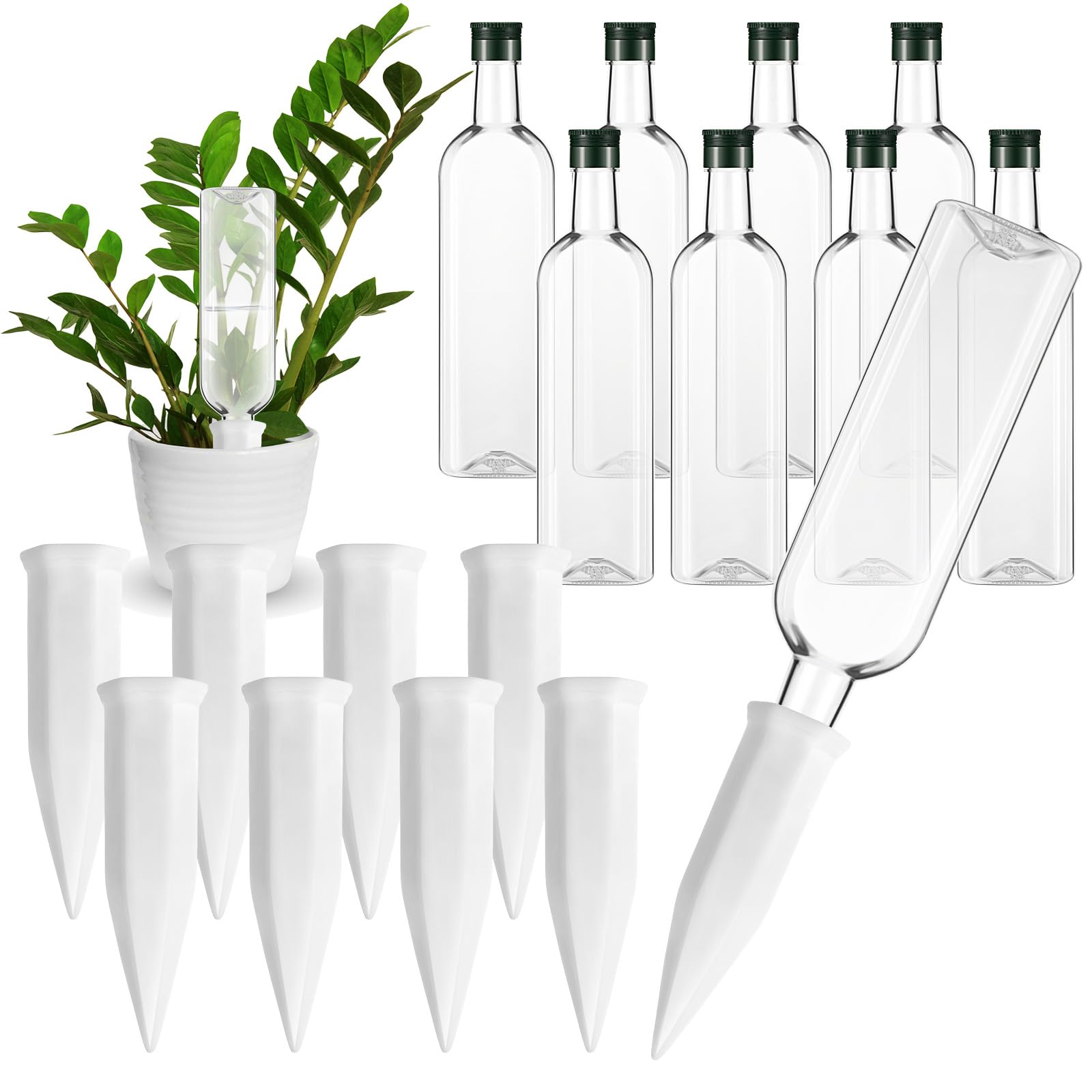 8 Pcs White Terracotta Watering Spikes with 8 Pcs 25 oz Plastic Bottles, Plant Watering Devices Vacation Plant Waterer Self Watering Planter Devices Slow Release Planter for Indoor Outdoor