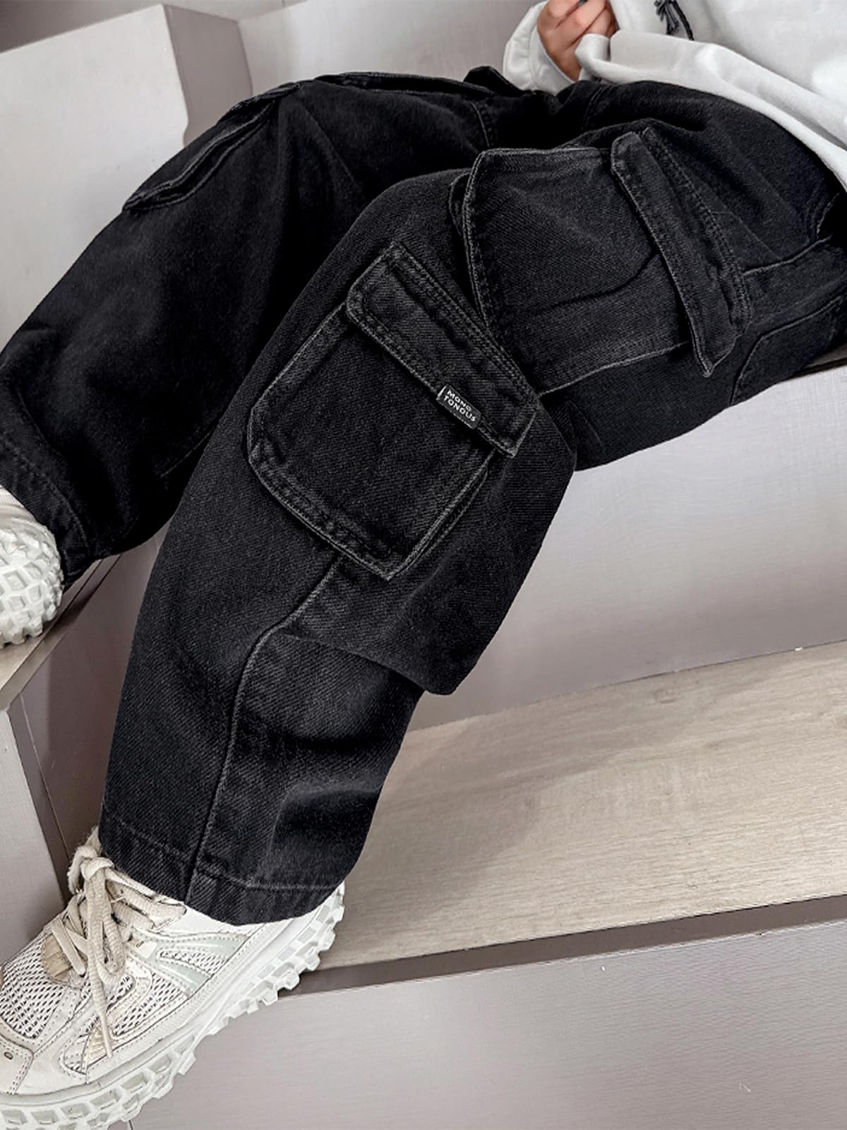 Rolanko Jeans Larghi per Ragazzi, Gamba Larga Vita Elastica Pantaloni Cargo in Denim con Tasche per Bambini