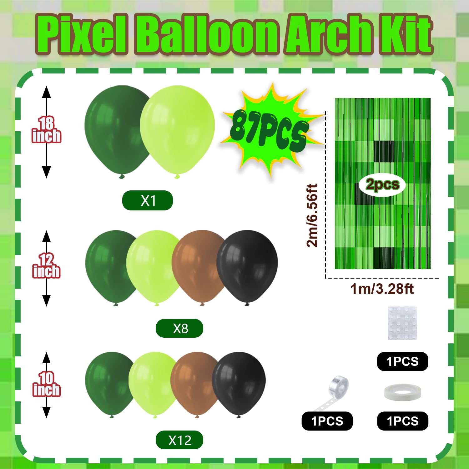 Pikselowa girlanda balonowa, łuk, zestaw dekoracji na przyjęcie urodzinowe, zielone brązowe i czarne balony dla graczy, foliowe zasłony z frędzlami, tło, gra wideo, dekoracje na przyjęcie urodzinowe