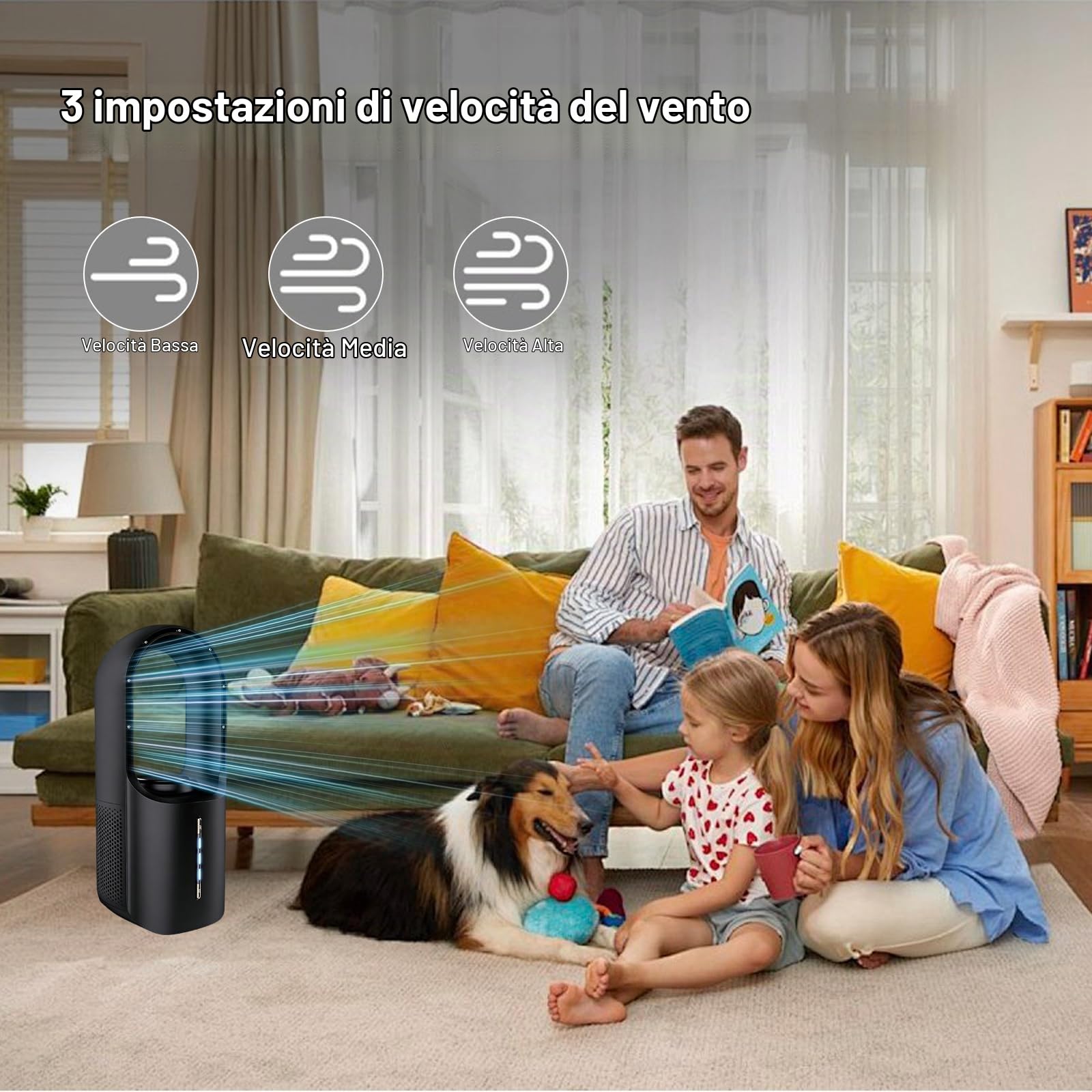 Ventilatore a torre silenzioso con purificatore d'aria, 3 velocità, tattile, adatto come diffusore di aromi, ventilatore senza pale per casa, ufficio