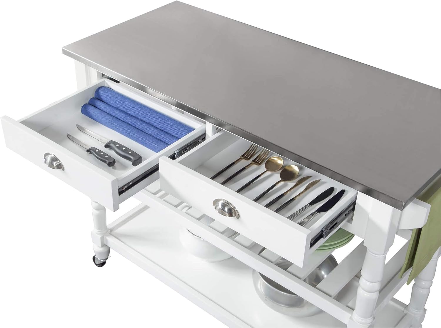 Convenience Concepts French Country 3-Tier Stainless Steel Kitchen Cart with Drawers, White